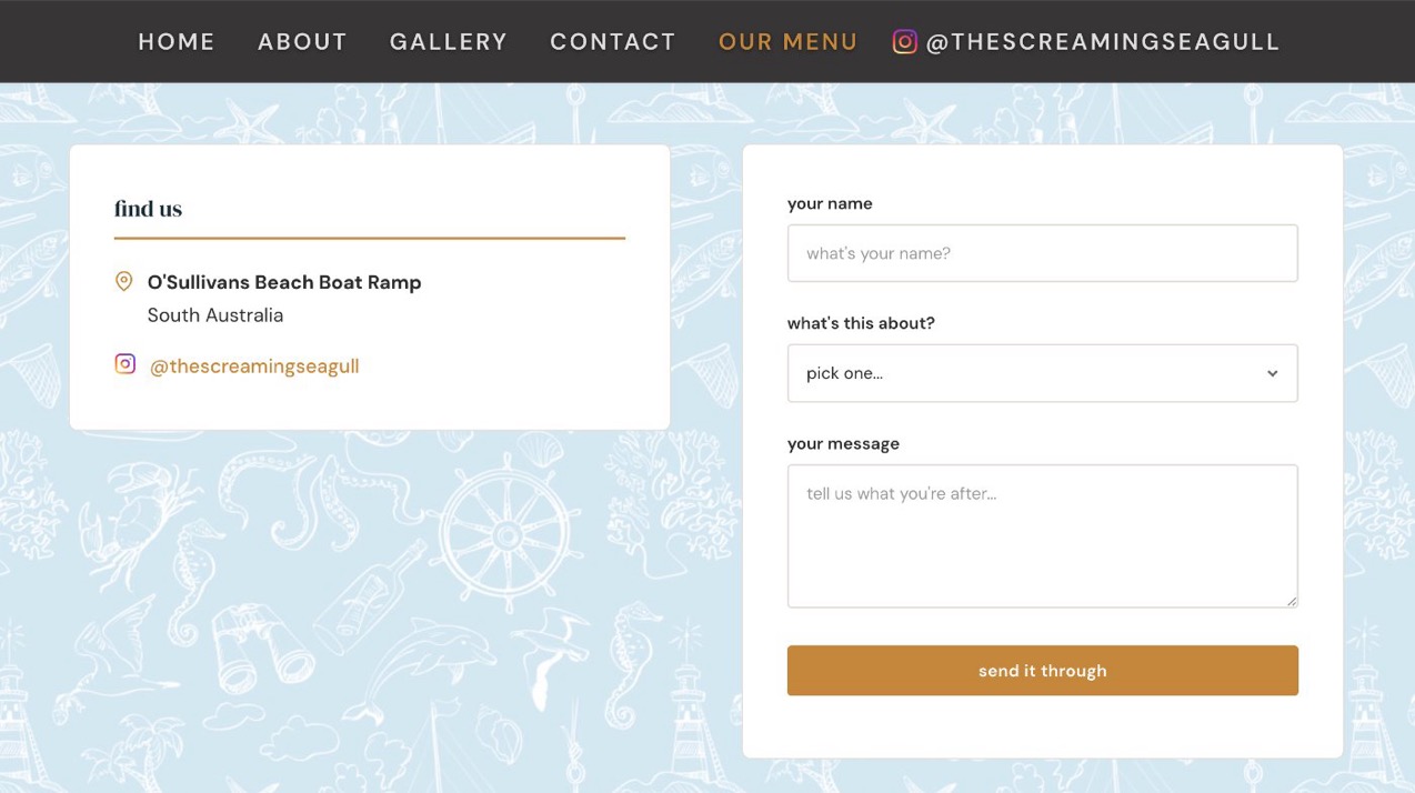 The Screaming Seagull contact page