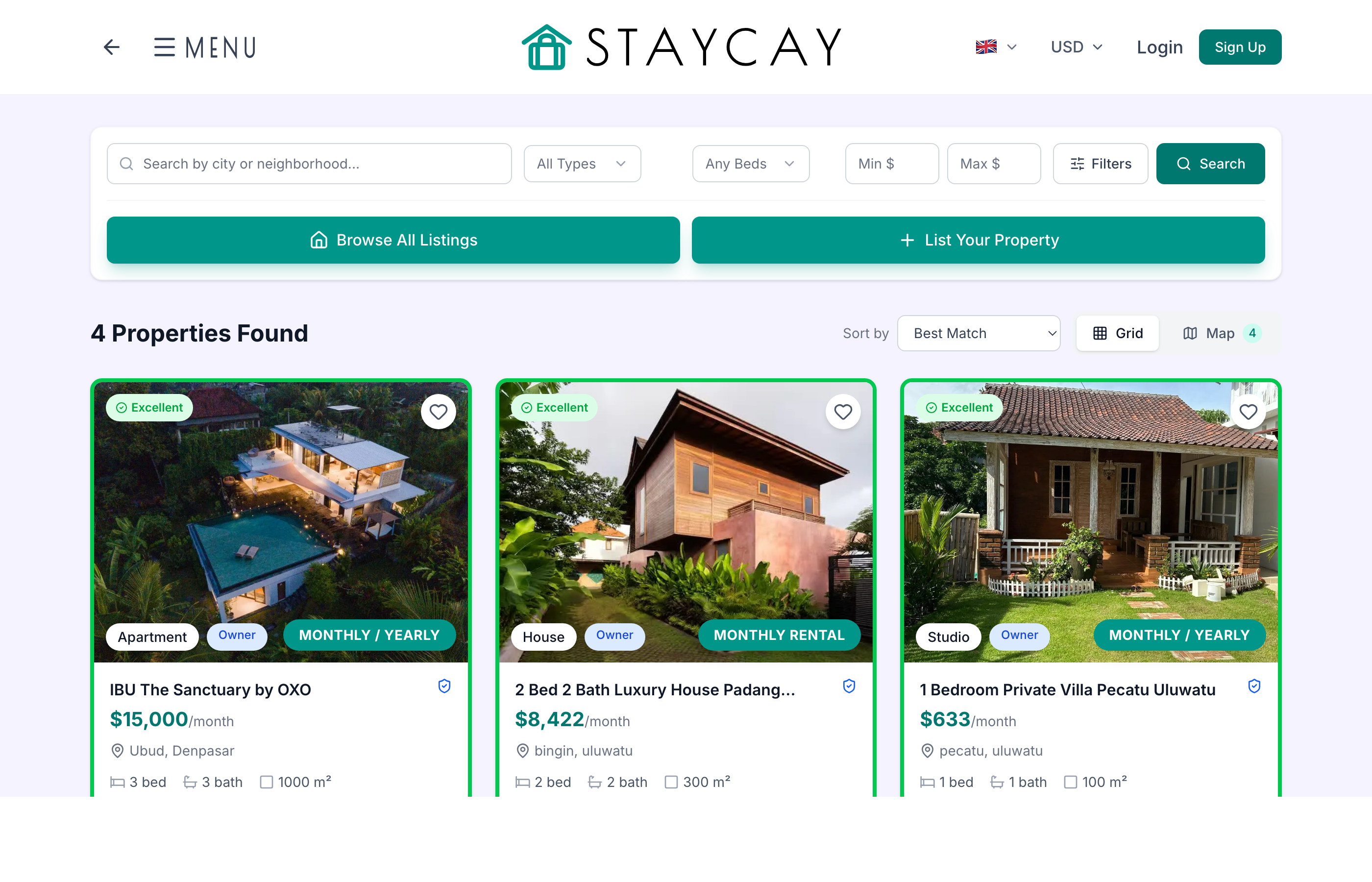 Staycay listings page
